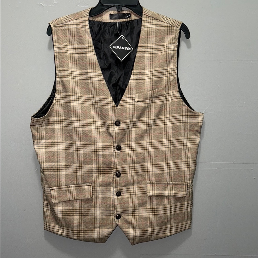 WHATLEES‎ Men’s Plaid Suit Vest - Khaki/Brown Check - Size XL